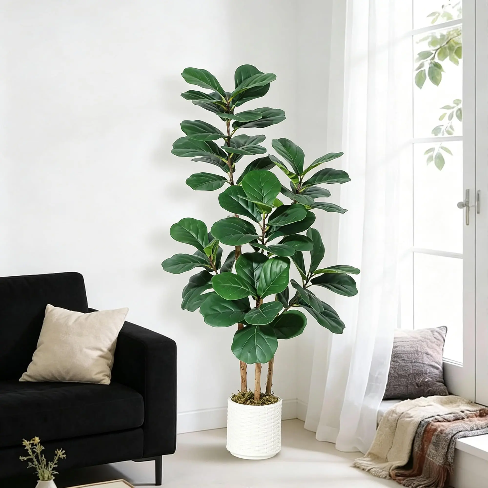 1.8m Artificial Ficus lyrata with White Pot and Artificial Moss, Large Artificial Tree, Realistic Ficus lyrata Floor Plant for Indoor and Office Decoration, Housewarming Gift
