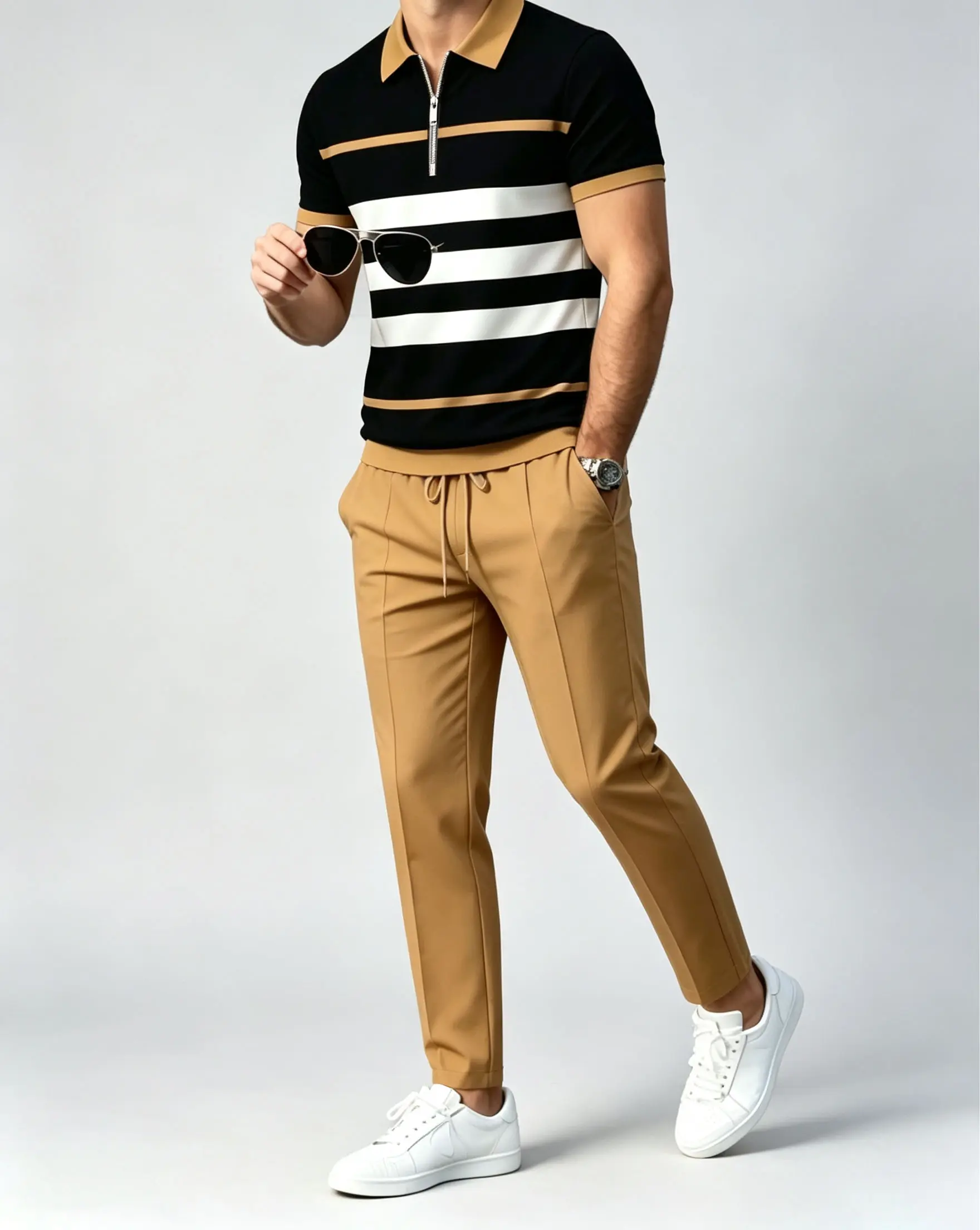 Men’s two-piece matching outfit set: color-block striped half-zip short-sleeve polo and khaki straight long pants with drawstring; soft, breathable business-casual summer suit for men.