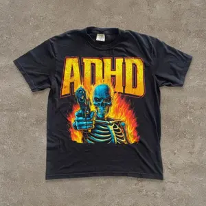 ADHD Oversized Shirt, Funny Meme Tee, Vintage Skeleton Graphic T-Shirt for Men Women, Edgy Dark Humor Alt Clothing, Neurodivergent Gift