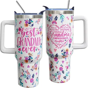 Mothers Day Birthday Practical Gifts for Grandma from Grandkids, 40 oz Best Grandma Ever Cup Tumbler with Handle Lid and Straw, Grandmother Gifts