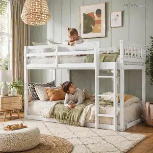 ARCH Low Twin Over Twin Bunk Bed, Floor Bunk Bed with Ladder, Solid Wood Twin Bunk Bed for Kids & Juniors, White(Expect Arrival Date 2025/11/25)