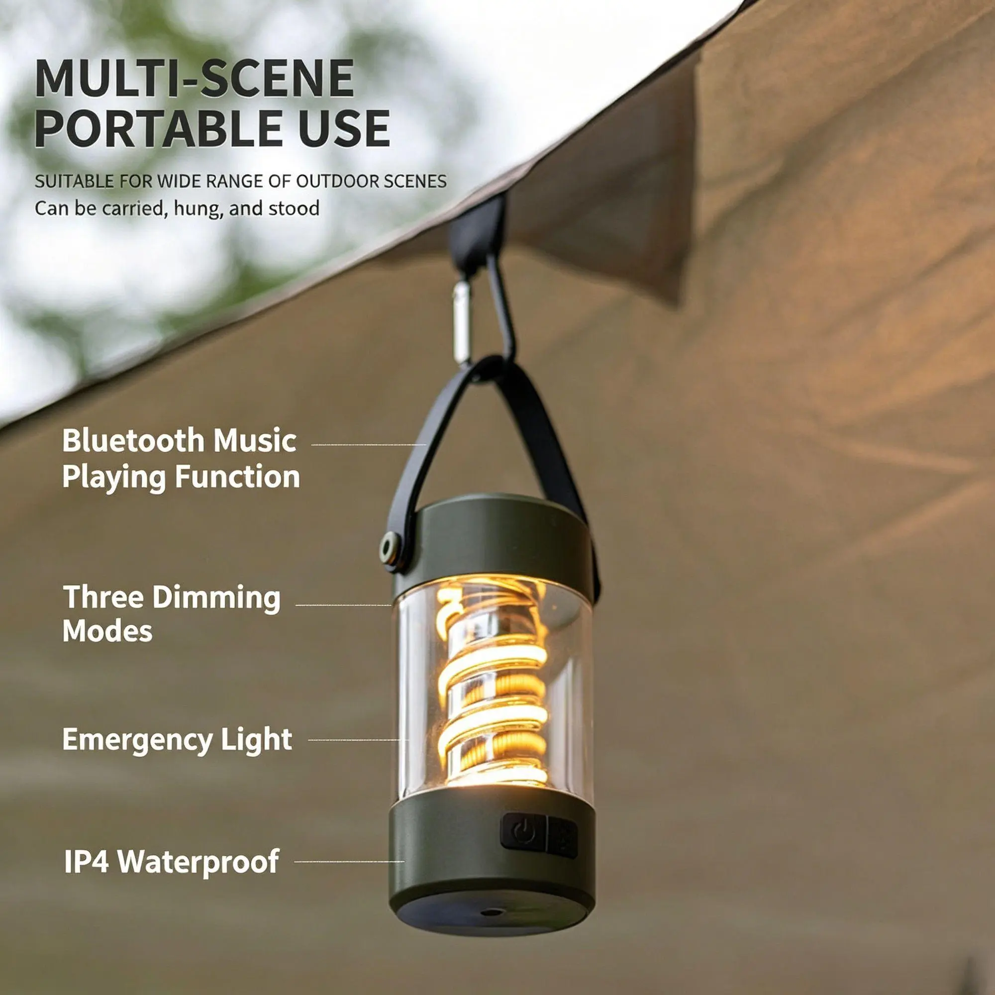 Retro Hanging Camping Lantern with Bluetooth Speaker, Rechargeable Portable Size LED Light with 3 Dimmable Modes, Waterproof for Emergencies & Blackouts, Camping Accessories, Cells, Hanging Mount