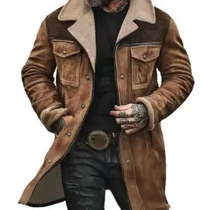 Mens Western Cowboy Jacket Vintage Suede Jacket Long Trench Coats Zip Up Plush Collar Cowboy Peacoat Retro Tops Casual Menswear Fathersdaygift Soft Fleece Hoodie jacket western clothing jackets letterman ffa jacket western clothing windbreakers Leather
