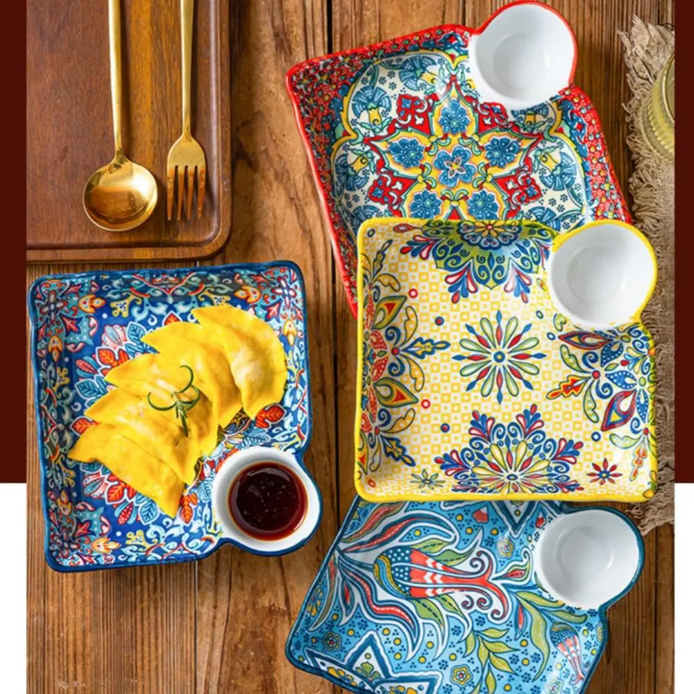Floral Pattern Ceramic Plate Set, 4 Counts/set Creative Colorful Modern Ceramic Plates, Kitchen Dishwasher Safe Tableware for Home Use, Dishwasher & Microwave