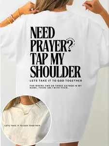Women's "Need Prayer? Tap My Shoulder" Bible Verse Oversized Summer Casual Print Short T-Shirt Top | #PrayerTee #BibleVerseTee #ChristianTShirt