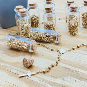 12pcs Rosary in Glass Bottle w/ Beaded Necklace & Crucifix Cross Charm Baptism/Christening Party Favor Recuerdos de Bautizo w/ Organza Bag Gift