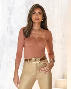 Slinky Ribbed Ruched Scoop Neck Top Terracotta