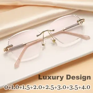 Men Women Luxury Diamond Reading Glasses New Trendy Square Rimless Gradient Presbyopia Fashion High Definition Far Sight Eyewear
