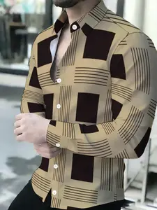 Men's Beige Brown Geometric Square and Line Pattern Long Sleeve Casual Fashion Shirt Casual Graphic Shirt Casual Stylish