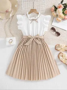 Girl's Patchwork Print Bow Decor Bubble Sleeve Dress, Cute Dress, Elegant Fashion Casual A Line Dress for Daily Outdoor Wear, Toddler Girls Dress for All Seasons