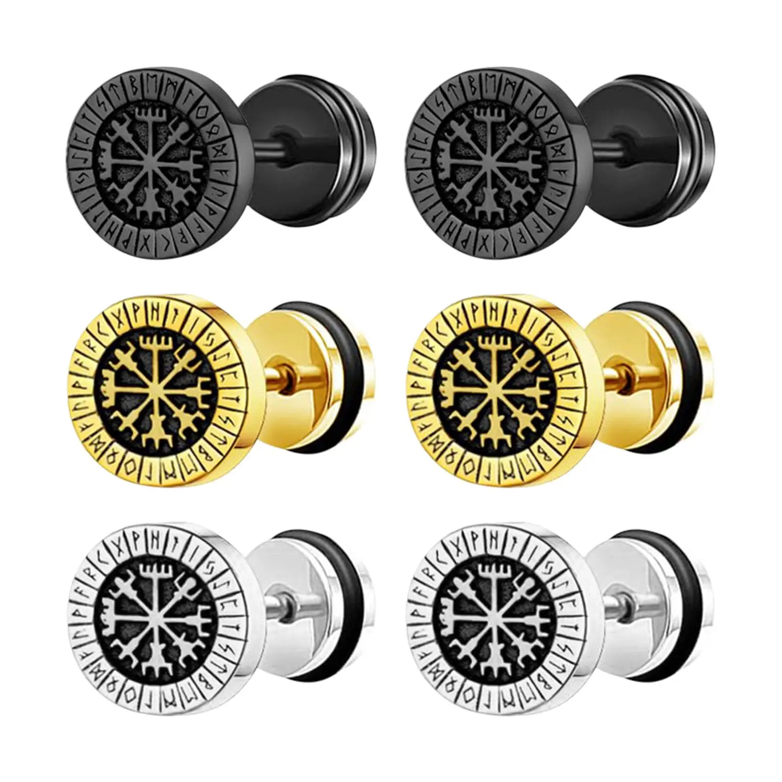 OIDEA 3 Pairs Stainless Steel Viking Fake Gauges Plug Stud Earrings Compass Rune Punk Studs for Men, Ear Stud Earrings