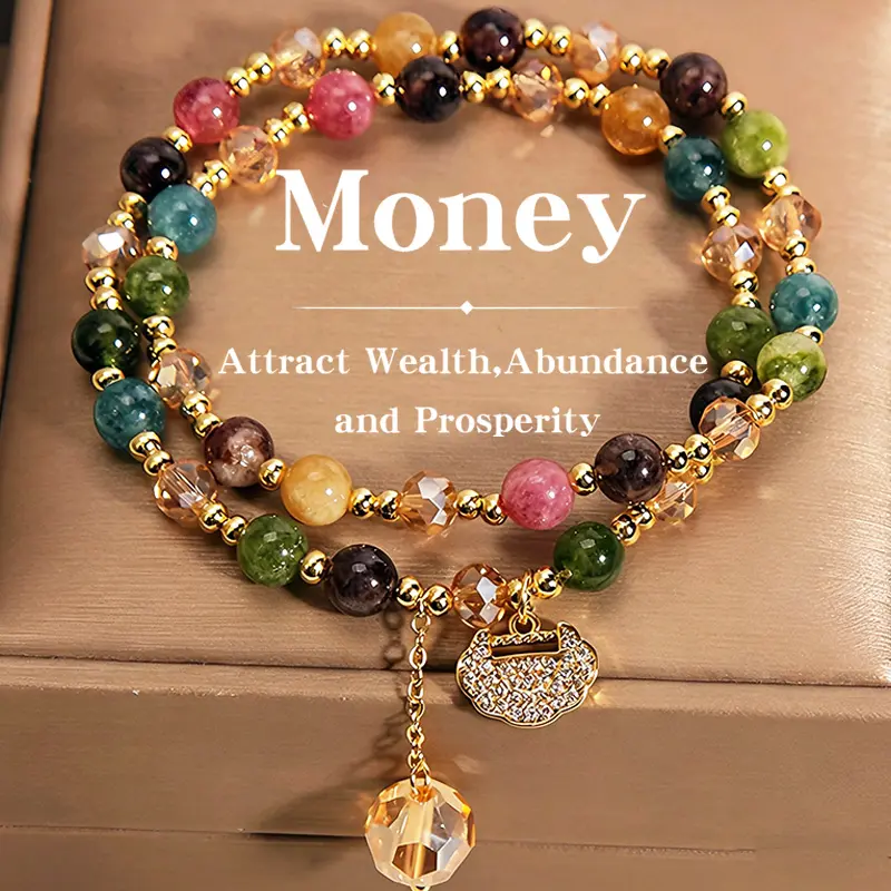 Double-Strand Fashion Beads Bracelet - Rainbow Tourmaline Natural Stone Design, Crystal and Stone Mix Jewelry for Daily Wear, Gift for Him/Her, Beads Bracelets