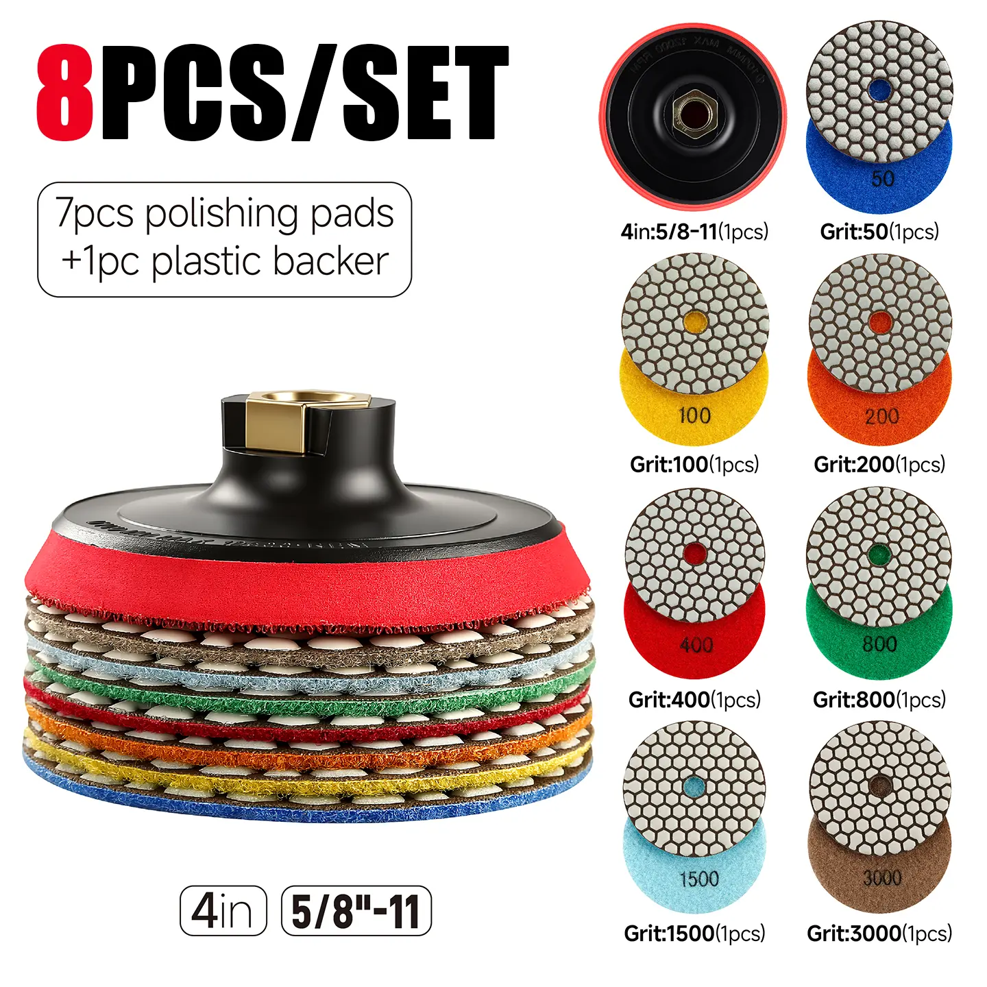 LOZLIN 8pcs/set 4-in Dry Diamond Polishing Pads, Durable Abrasive Buffing Discs for Angle Grinders, Marble & Stone Countertop Edge/Surface Finishing Projects, None-Additional Tools Needed