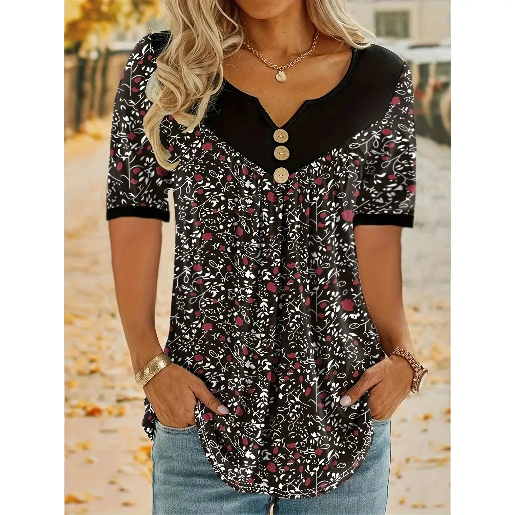 Women's Plus-Size Floral V-Neck Short-Sleeve Blouse - Stretchy Polyester Knit Tops, Button-Front, Casual All-Season Wear, Shortsleeve, Fabric, Floral Print, Stretch Knit, Machine Wash, All Seasons, 1Xl