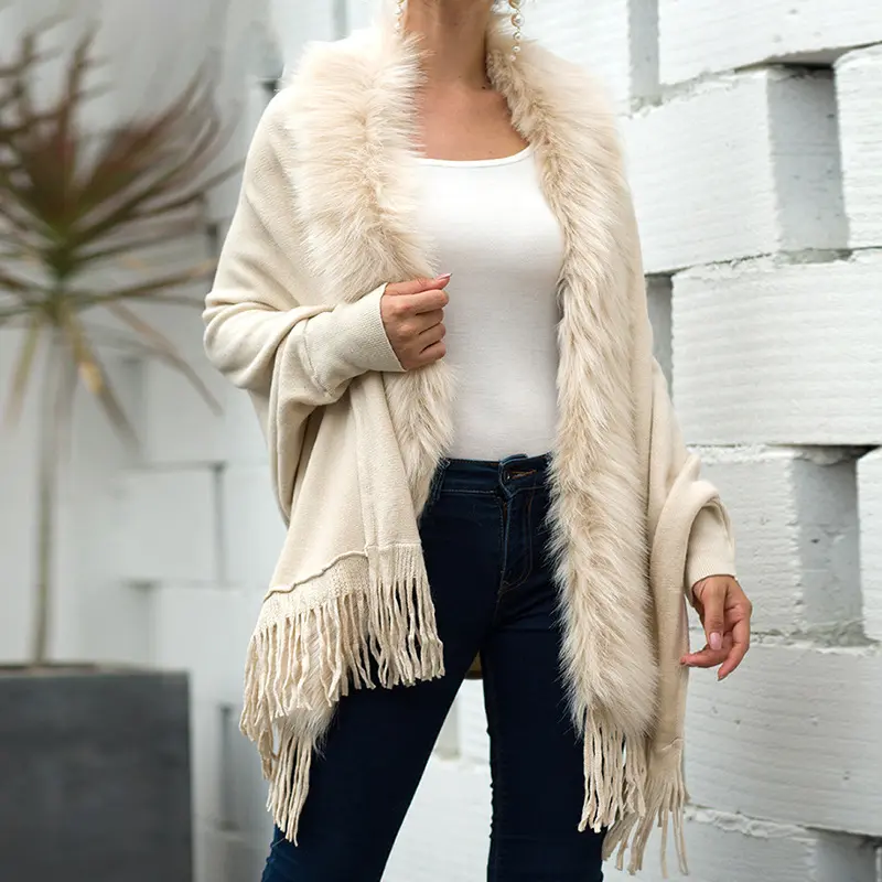 BIGWIG Women's Faux Fur Shawl Cardigan, Knitted Sweater Cape-Style Coat, Comfortable Long-Sleeved Open-Front Tassel Cardigan, Elegant and Comfortable, Long-Sleeved Open-Front, Cape-Style Knitted Shawl Scarf, Tassel Cape Cardigan