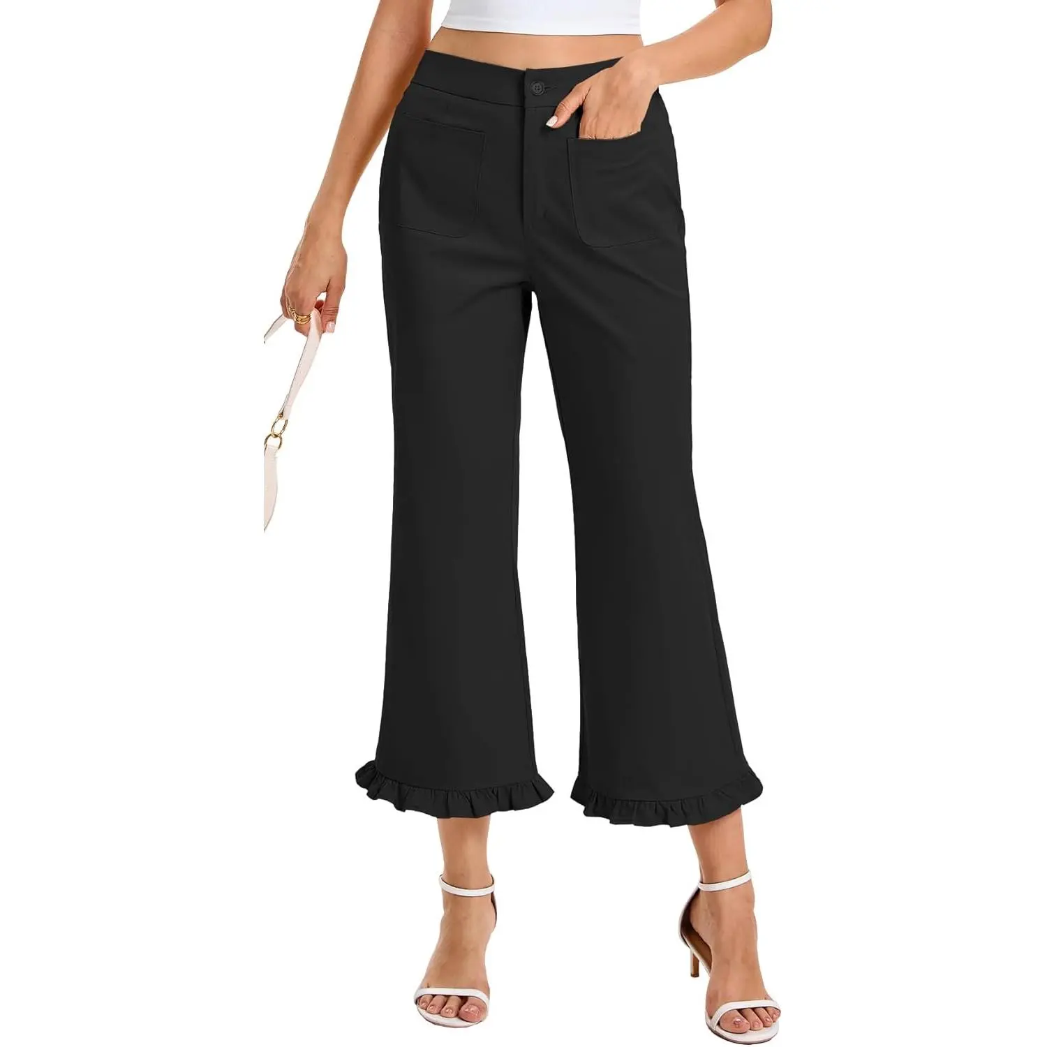 SCOFEEL Womens Ruffle Hem Flare Capris Pants High Waisted Wide Leg Cropped Pants Elastic Waist Trousers with Pockets