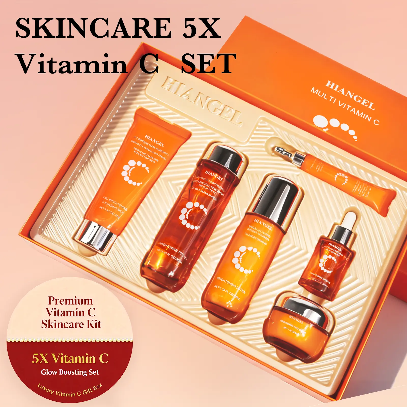 [Hiangel] Natural VC Nourishing Hydrating Gift Set - Assortment Pack, Boxed, Coffret Set Skin Care Kits with Cleanser, Makeup Remover, Witch Hazel, Azelaic Acid & Multi-Vitamin C Moisture Formula - Gifts for Women