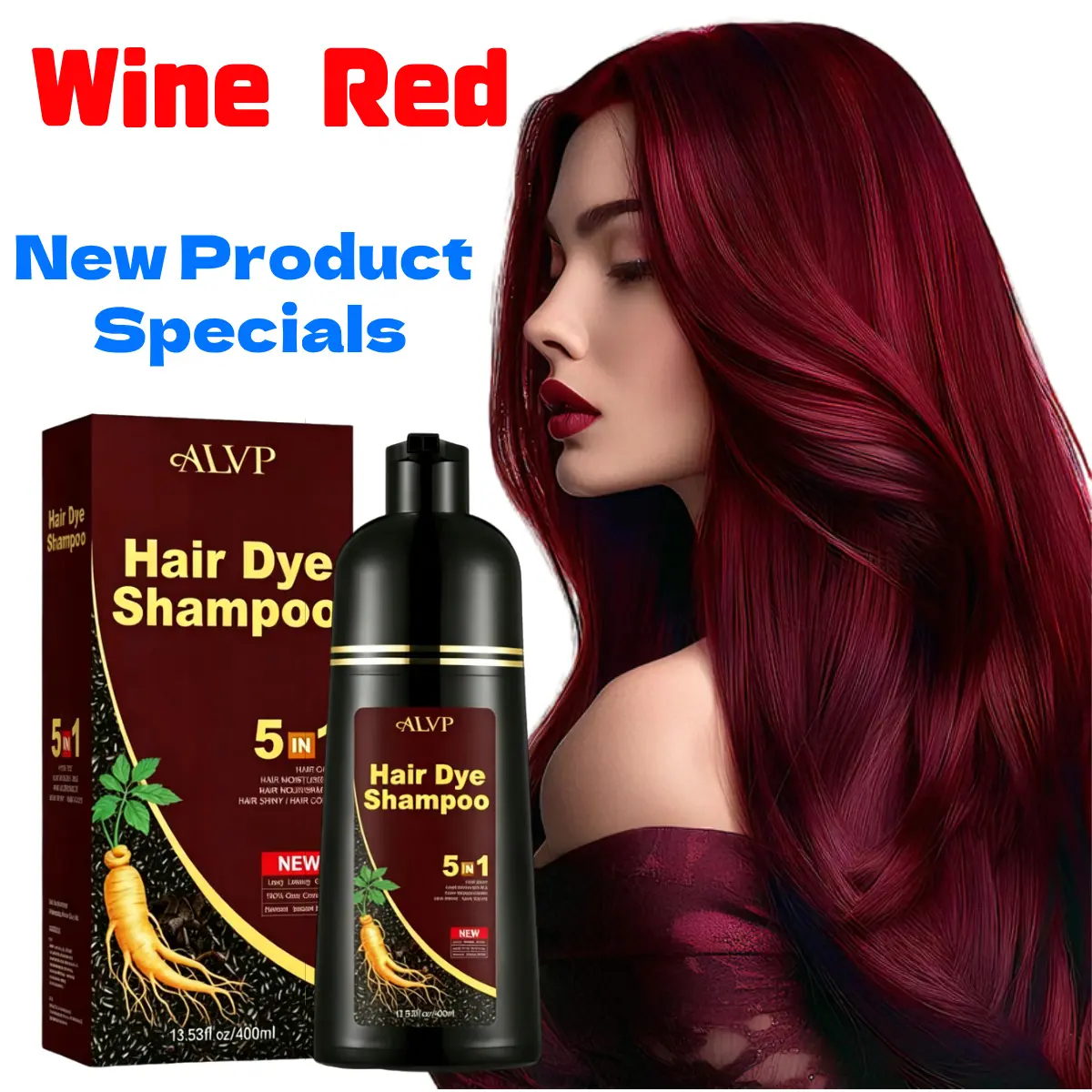 ALVP 2026 5-in-1 Herbal Wine Red Color Shampoo Hair Products, Gentle Plant-Based Hair Color for Adults, Gray-Covering, Long-Lasting, Scalp-Nourishing Ginseng Haircare (Free Bowl & Brush Gift)