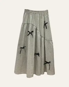 Women's Cotton Gingham Flowy Skirt - Bow Embellishment, Loose-Fitting, Tiered Maxi Style, Elastic Waist Polyester Bottom, Flowy Skirts, Bow Embellishment Skirts