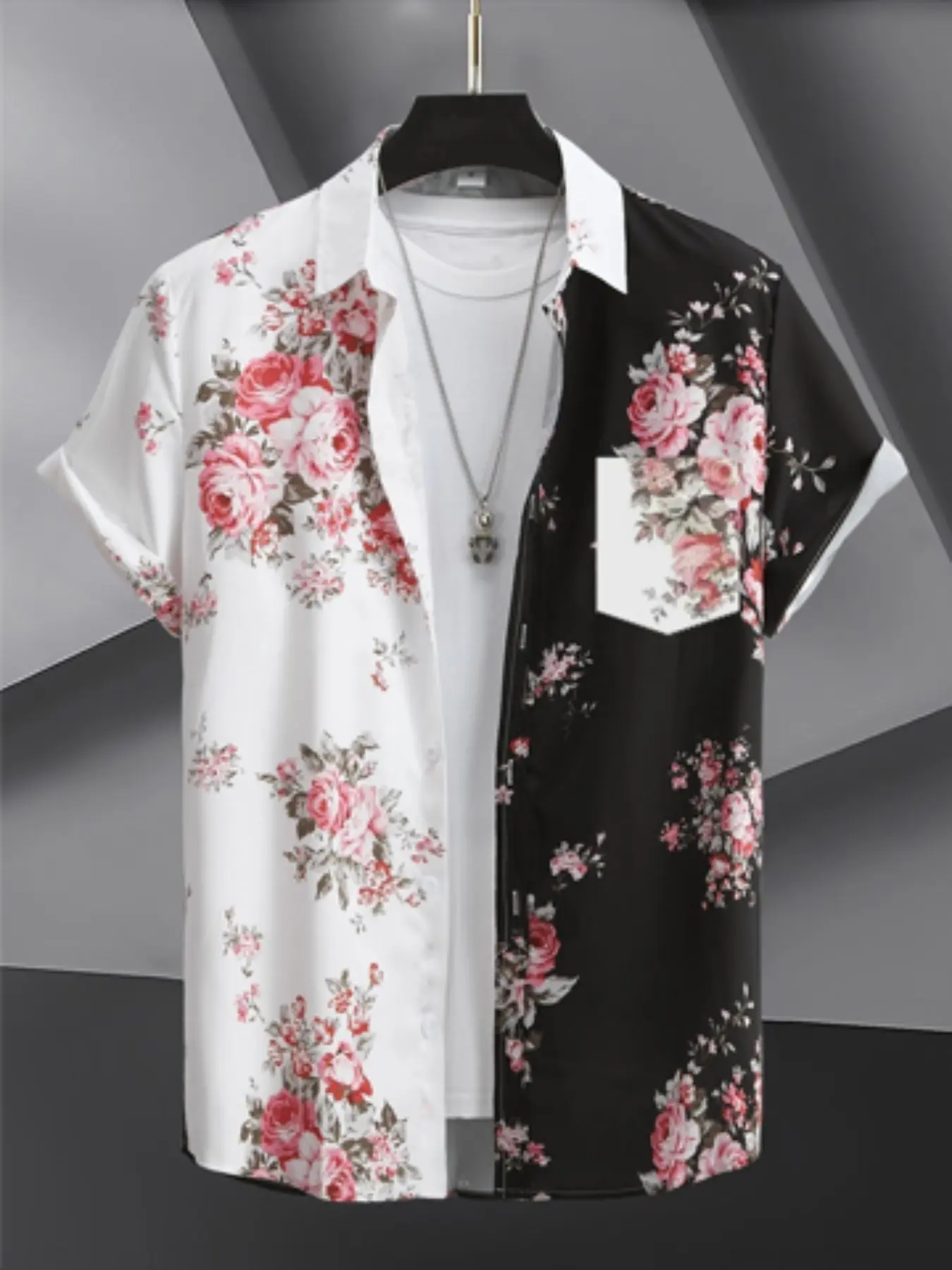 Black and white color-blocked floral rose print short-sleeved collared shirt, Casual Summer Shirt, trendy and casual aesthetic Tropical vacation style