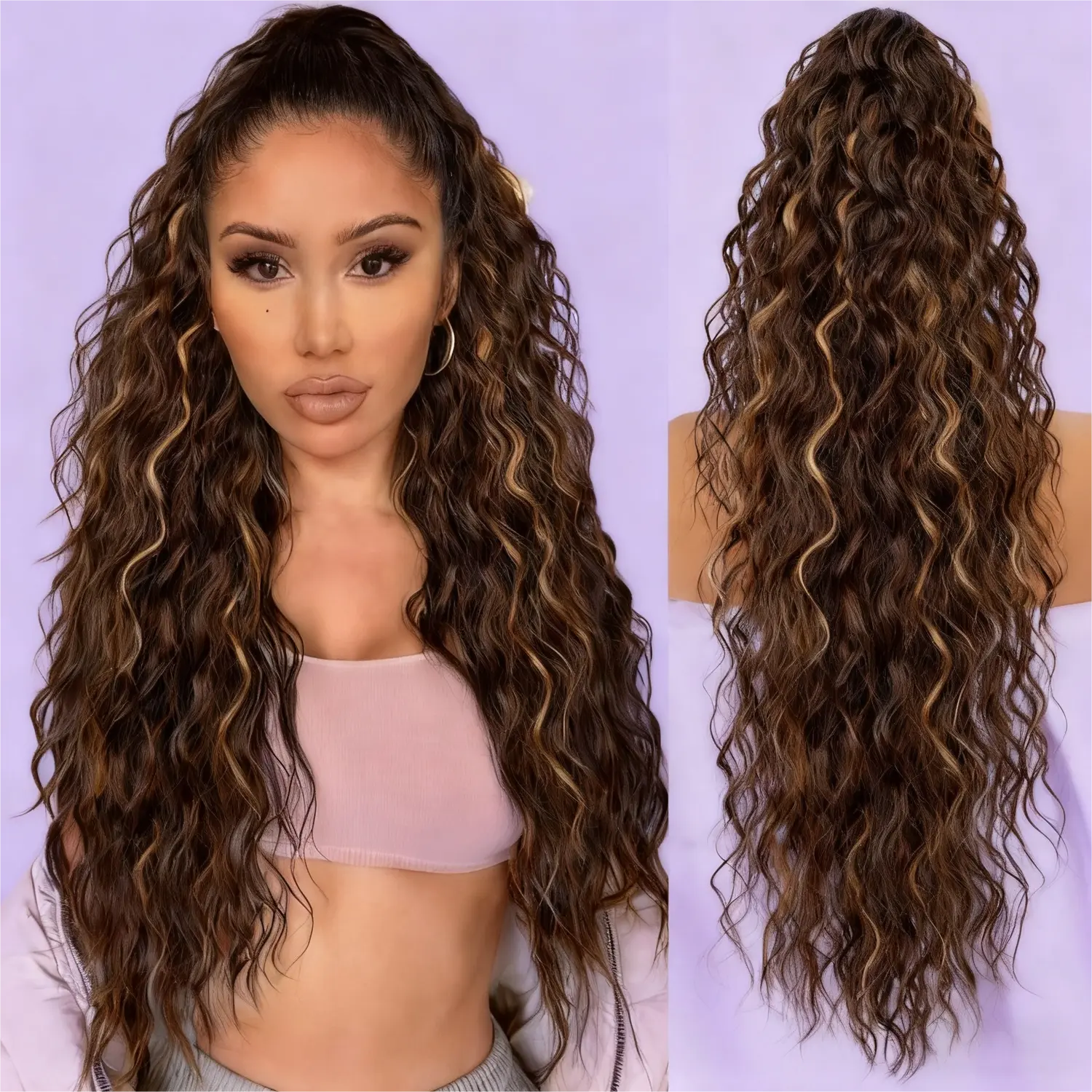 Long Curly Wave Ponytail Extension Hairpiece, 30 Inch Black Synthetic Hair with Claw Clip for Women, Soft Natural Look, Synthetic Hair Extensions, Curly Wave Extensions