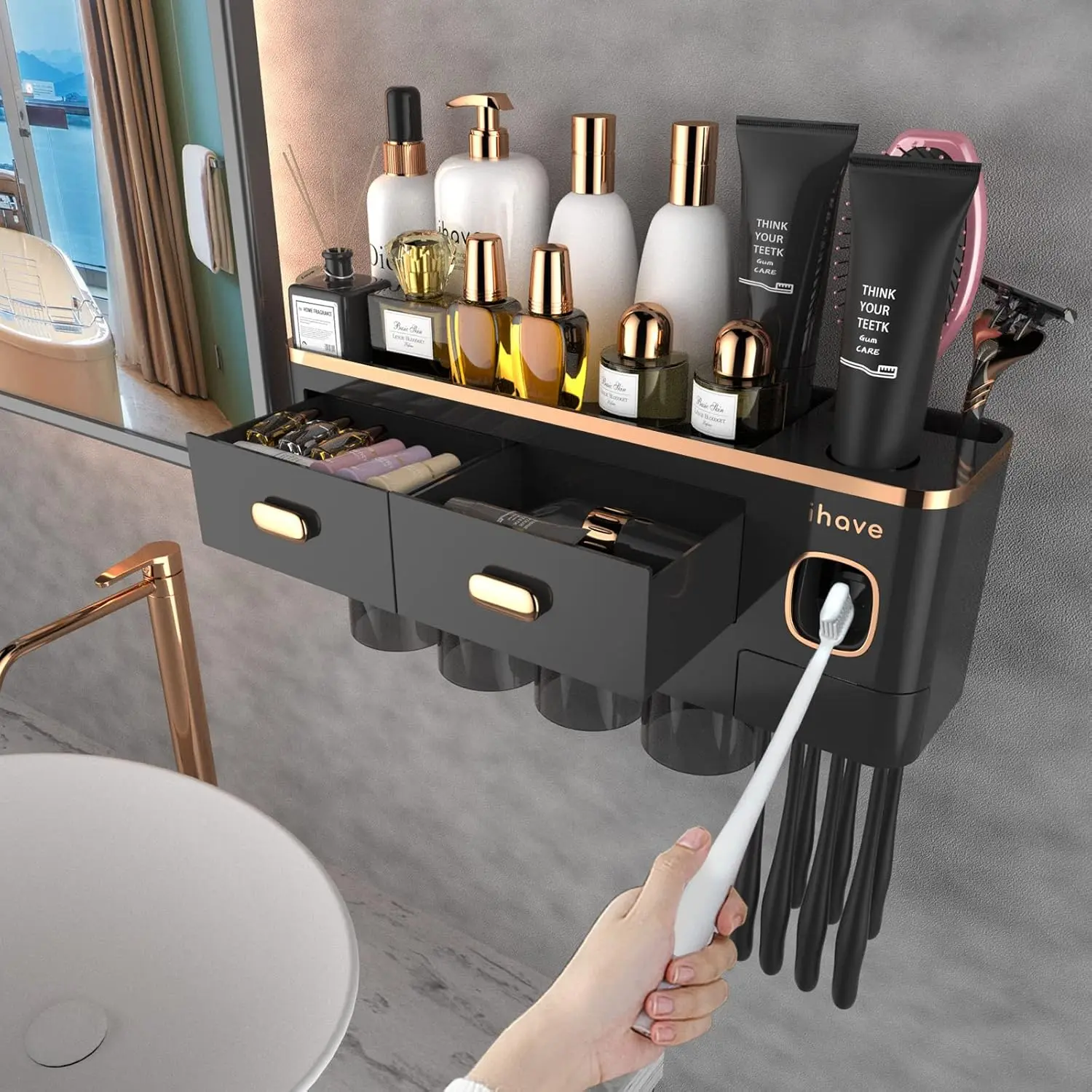 Ihave Toothbrush Holders Wall Mounted with Toothpaste Dispenser & 4 Cups - Luxury Black and Gold Design for Bathroom Decor, All-In-One Organizer for Toothbrushes and Accessories