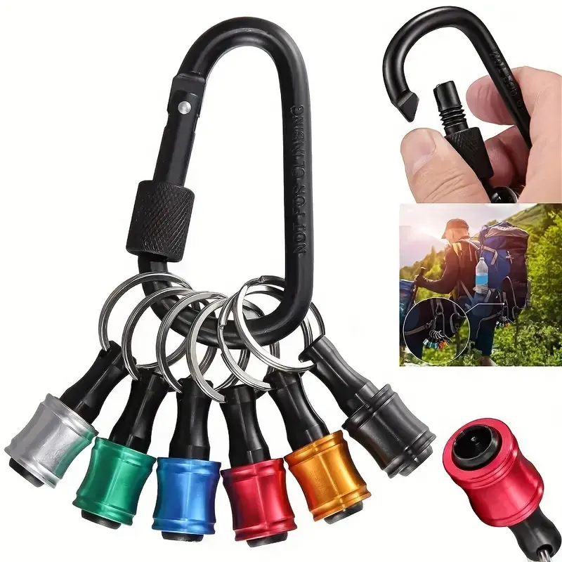 cool gadget gift  hex shank bit holder，Aluminum alloy keychain extension rod with three sockets; compatible with 7‑color keychains; can store a 1/4‑inch hex shank tool extension. screwdriver bit 6-piece set holder