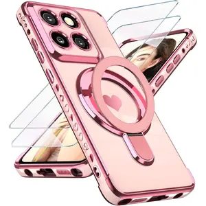 for Motorola Moto G Stylus 5G 2025 Case with Glass Screen Protector: Luxury Plated Gold Edge Love Heart Pattern Kickstand Case, Soft TPU Shockproof Full Camera Protection Case Cover (Pink)