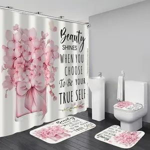 Flower and perfume pattern design, 4-piece shower curtain set, bowknot bathroom decoration, Bathroom decoration accessories, with carpet (bath mat, toilet lid) and 12 durable hooks, anti-skid floor mat, waterproof shower curtain, polyester fiber