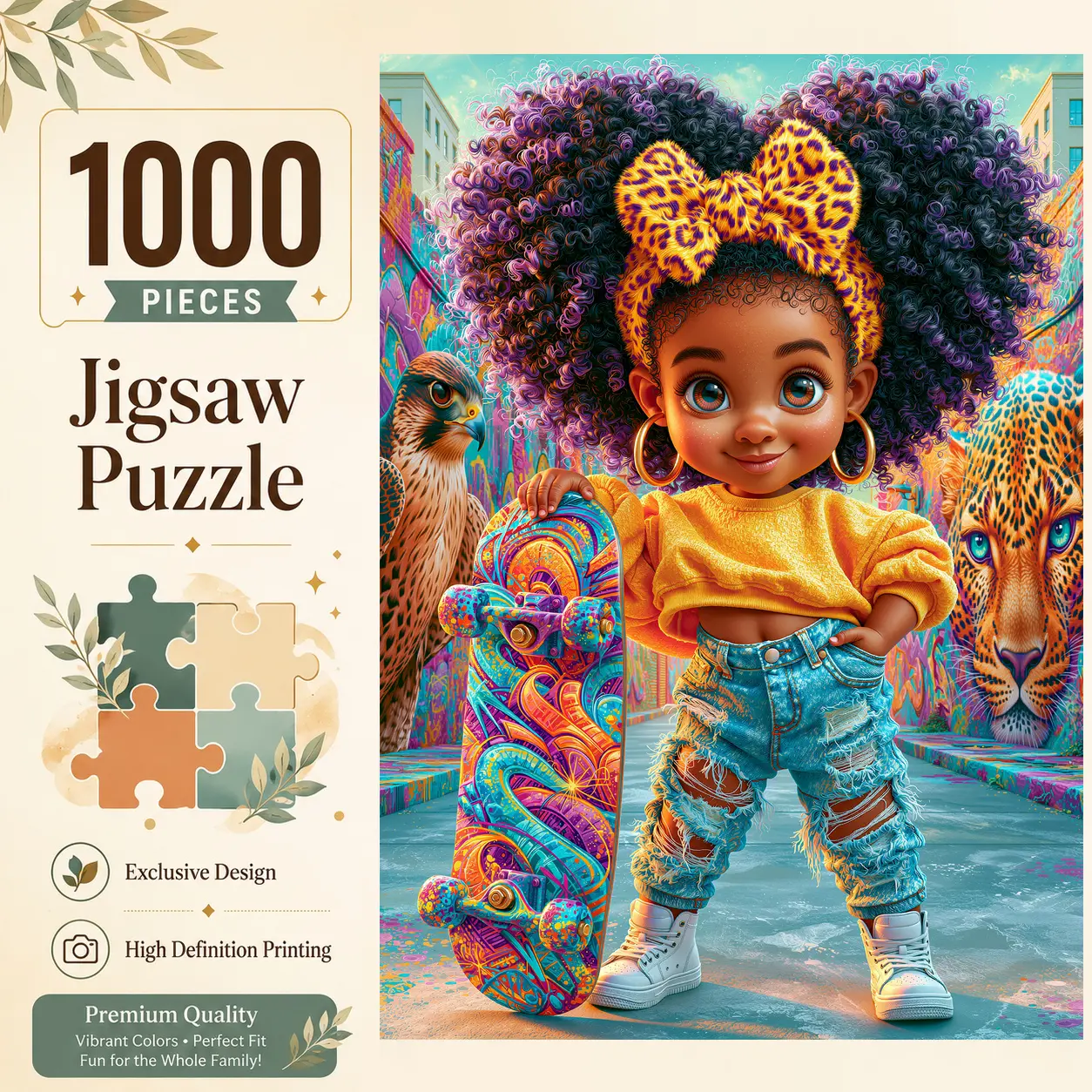 Cute Skateboard Girl 1000 Pieces Jigsaw Puzzle, Colorful Urban Wildlife Art for Adults, Challenging Family Game for Stress Relief Relaxation Brain Exercise, Wall Decor Gift for Girls Women and Seniors, 19.7 × 29.5 inches（50 × 75 cm）