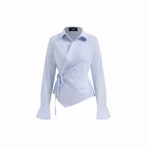Cider Collar Asymmetrical Hem Tie Side Ruched Blouse Dealsforyou