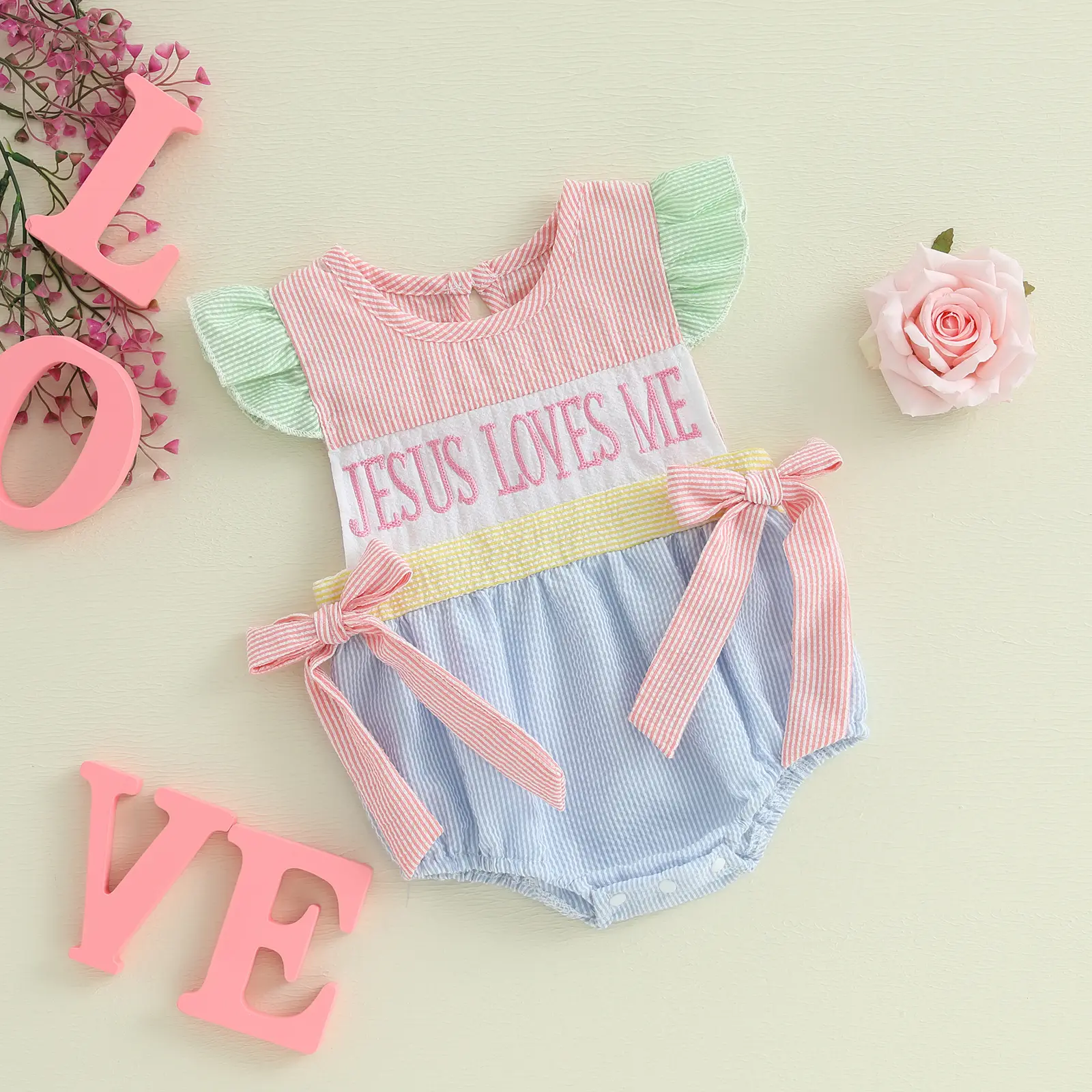 Newborn Baby Girl Easter Outfit Smocked Embroidered Ruffle Sleeveless Romper Infant Girl  Outfit