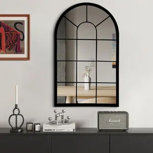 Black Arched Window Mirror, Farmhouse Decorative Wall Mirrors for Living Room, Bedroom, Entryway, Bathroom , Fireplace Mantel, Window Pane Mirror Wall Decor (Black, 31.5 x 20 x1)