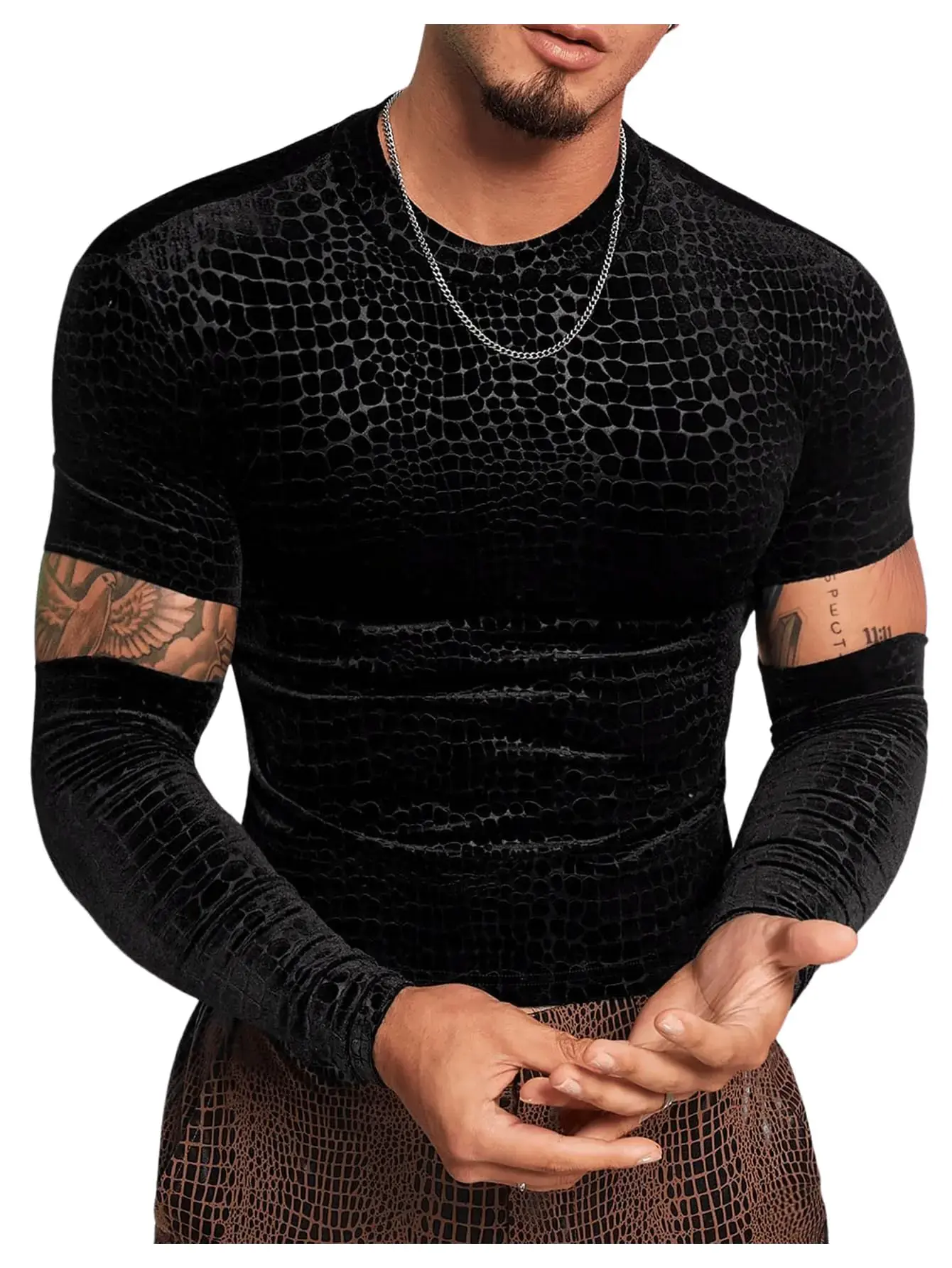 SHENHE Mens Cut Out Sheer Mesh Crewneck Long Sleeve Fitted Crop Tee Shirt Party Top Flocked Black XX-Large
