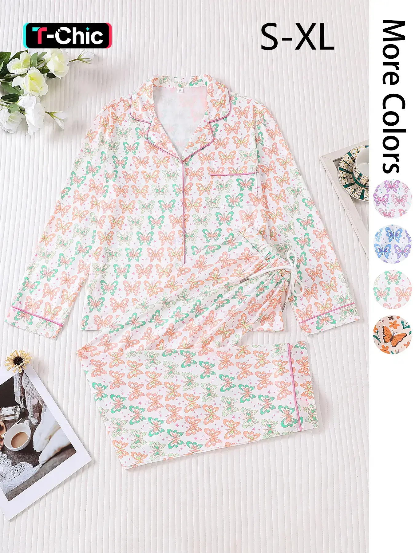 2 pieces of women's butterfly printed knitted long sleeved pants Pajama Loungewear set Womenswear with pockets Fitted suitable for all seasons, fashionable, comfortable, trendy, trendy, elegant home wear