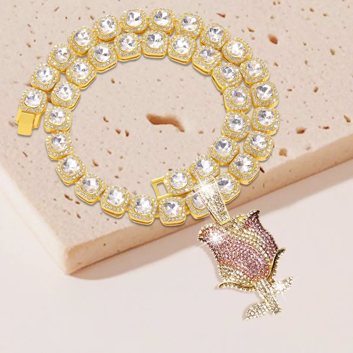 Punk Hip Hop Chain Jewelry Necklaces with Rose Flower Rhinestone Pendant Unisex Metal Coating Long Chains for Casual Daily Party Wear
