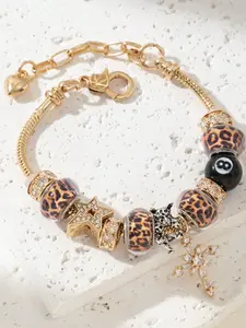 1 pc Stainless Steel Zircon Adjustable Beaded Bracelet - Gold Star, Leopard Print, Cross & Black 8 Bead Charm Chain,Couple's Daily Wear ,Meaningful Gift Choice ,Guardian-Themed Layering Accessory