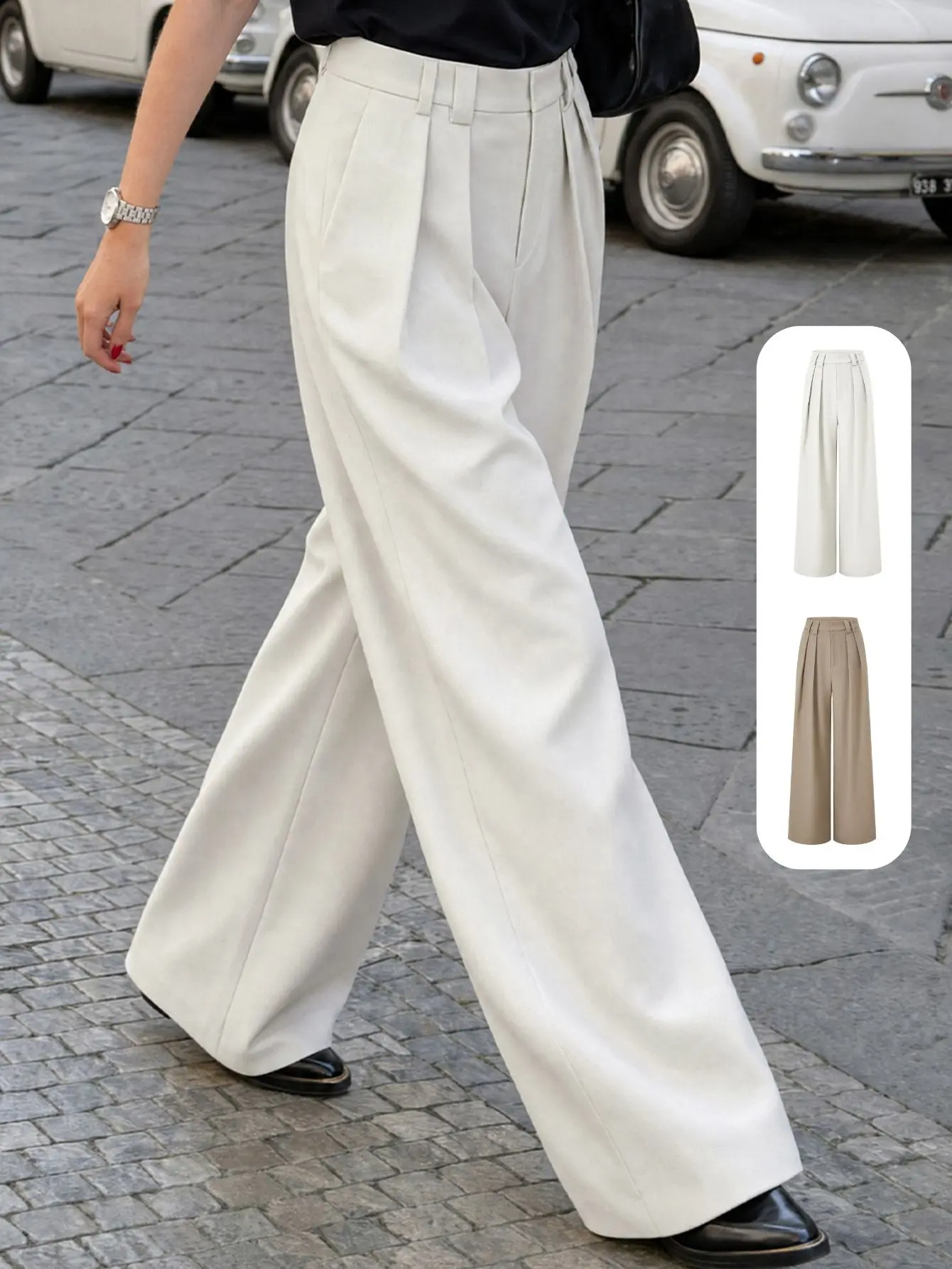 High-waisted women’s suit trousers with double pleats, wide straight legs, minimalist cut, solid color—suitable for commuting and casual wear.
