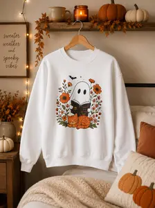 Reading Ghost with Cat Sweatshirt | Halloween Autumn Floral