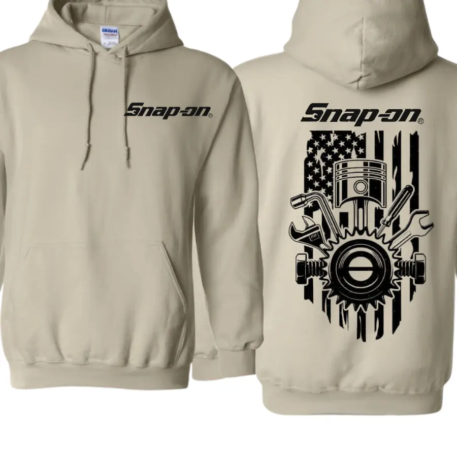 Women's Snap-On American Flag Graphic Hoodie Tops - Mechanic-Inspired Design with Tools, Piston, Unisex Cut Suits Shared Wardrobes Clothes, Relaxed Fit Layers Easily Over Tees Longsleeve Pullover for Tool Enthusiasts