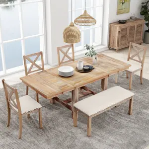 Farmhouse 82inch 6-Piece Extendable Dining Table with Footrest, 4 Upholstered Dining Chairs and Dining Bench, Two 11"Removable Leaf, Natural+Beige Cushion(High end and high-quality)