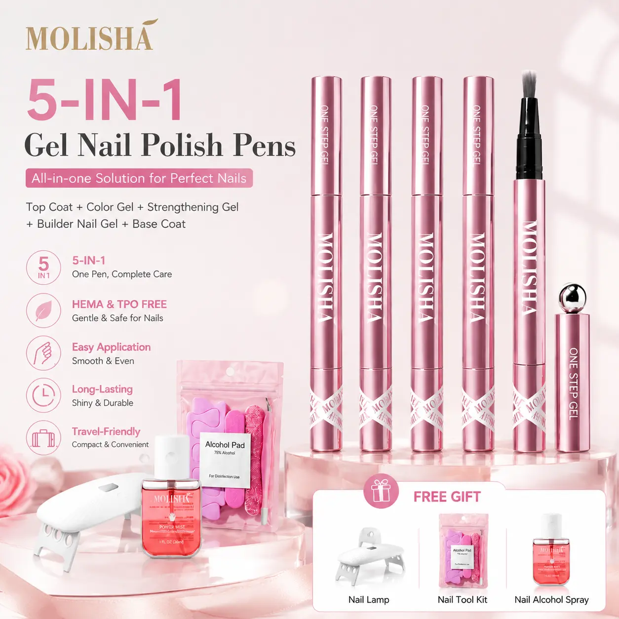 MOLISHA 5-in-1 Gel Nail Polish Pen, 6-Color Gel Nail Pen with Base Color Top Coat in One, Easy Apply UV/LED Curing Nail Polish Pen, Travel-Friendly No-Mess Manicure for DIY Nail Art Gel Nail Supplies Glossy elegant look square false nail, Nail Care, Gift