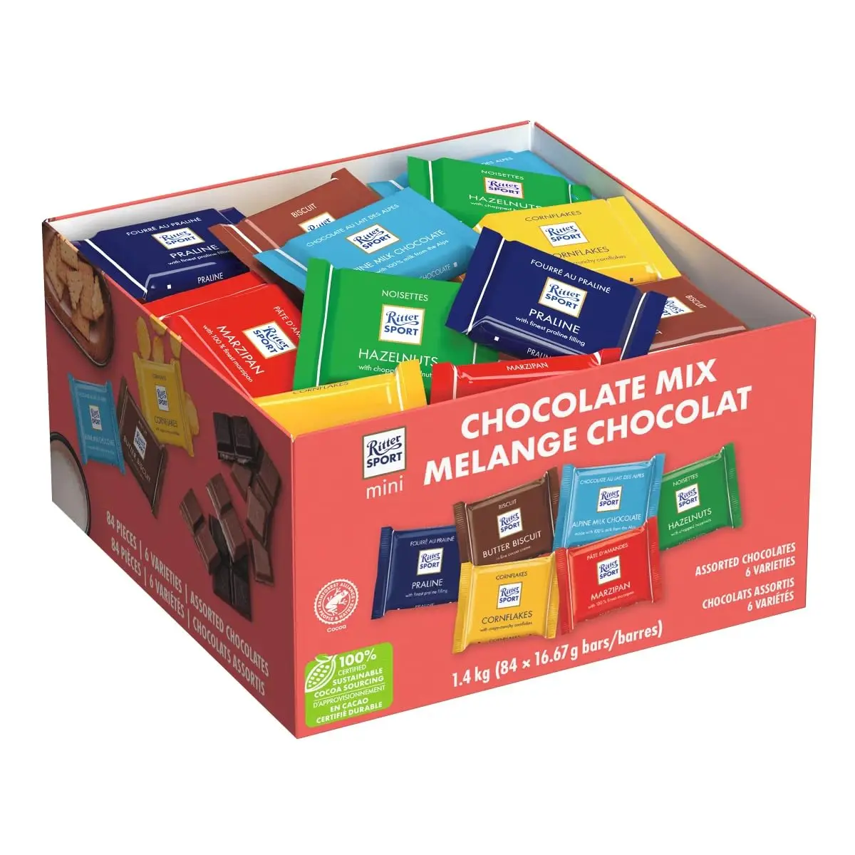 Ritter Sport Mini Chocolate Bars in Assorted Flavors, 0.59 oz Each, 84 Count, Made with 100% Certified Sustainable Cocoa