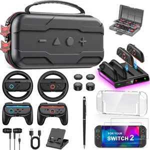 Switch 2 Accessories Bundle Kit 17-in-1, Switch 2 Carrying Case for Switch 2/Switch/Oled, Joypad Charger, Screen Protectors, Steering Wheel, Joypad Grip, & More for Nintendo Switch 2 Only