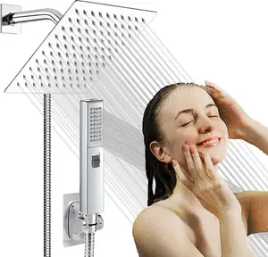 6'' Square High Pressure Rain Black Shower Heads with Handheld Spray Combo. Equipped with 78" Leakproof Hose, 3 Way Diverter Valve, Adhesive Shower Head Holder, Double Shower Head Set, AWAXFOLO
