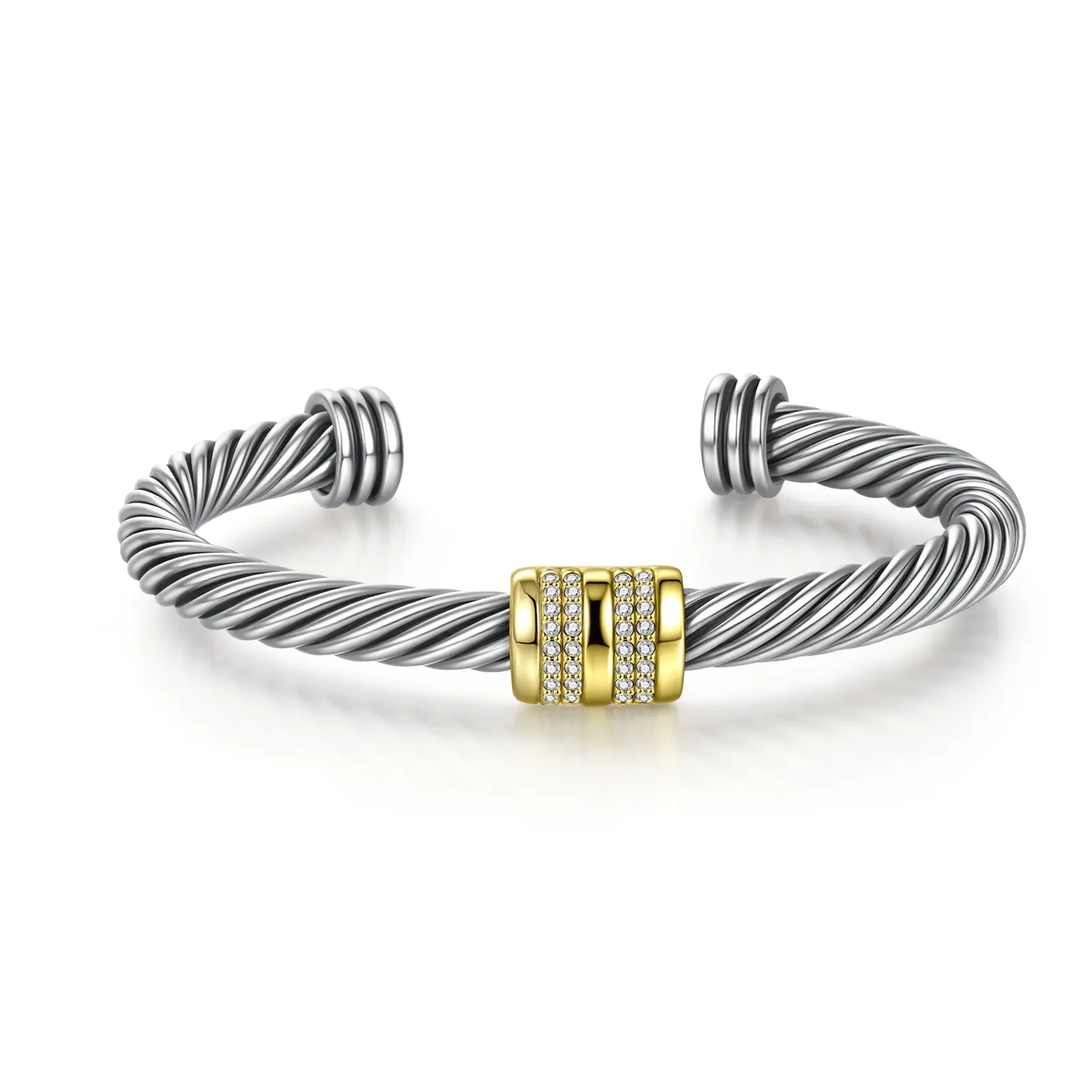 Aprilery Elegant Mixed-Tone Cuff Bracelet – Cylinder Accent Jewelry Bangle, Sleek Modern Design for Women