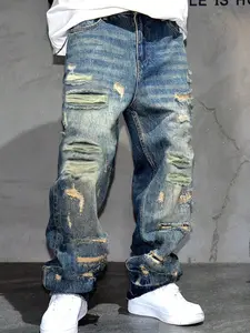 Men's Loose-Fit Denim Jeans, Casual Style Worn Look Ripped Design, Ripped Hole Jeans, All-Season Plain Straight Leg Jeans for Men