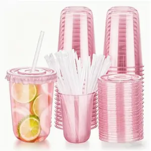 50-Pack 12-16oz Clear Plastic Iced Coffee Cups with Lids and Straws, Disposable To Go Cups for Smoothies, Milkshake, Cold Beverages, Coffee Bar Accessories
