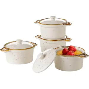 ONEMORE Ramekins with , 6 oz Oven Safe Ceramic Mini Casserole Dish with Lid & Brown Rim for  Onion Soup, Speckled Mini Dutch Oven Cocotte Set of 4 for Individual Serving, Creamy White