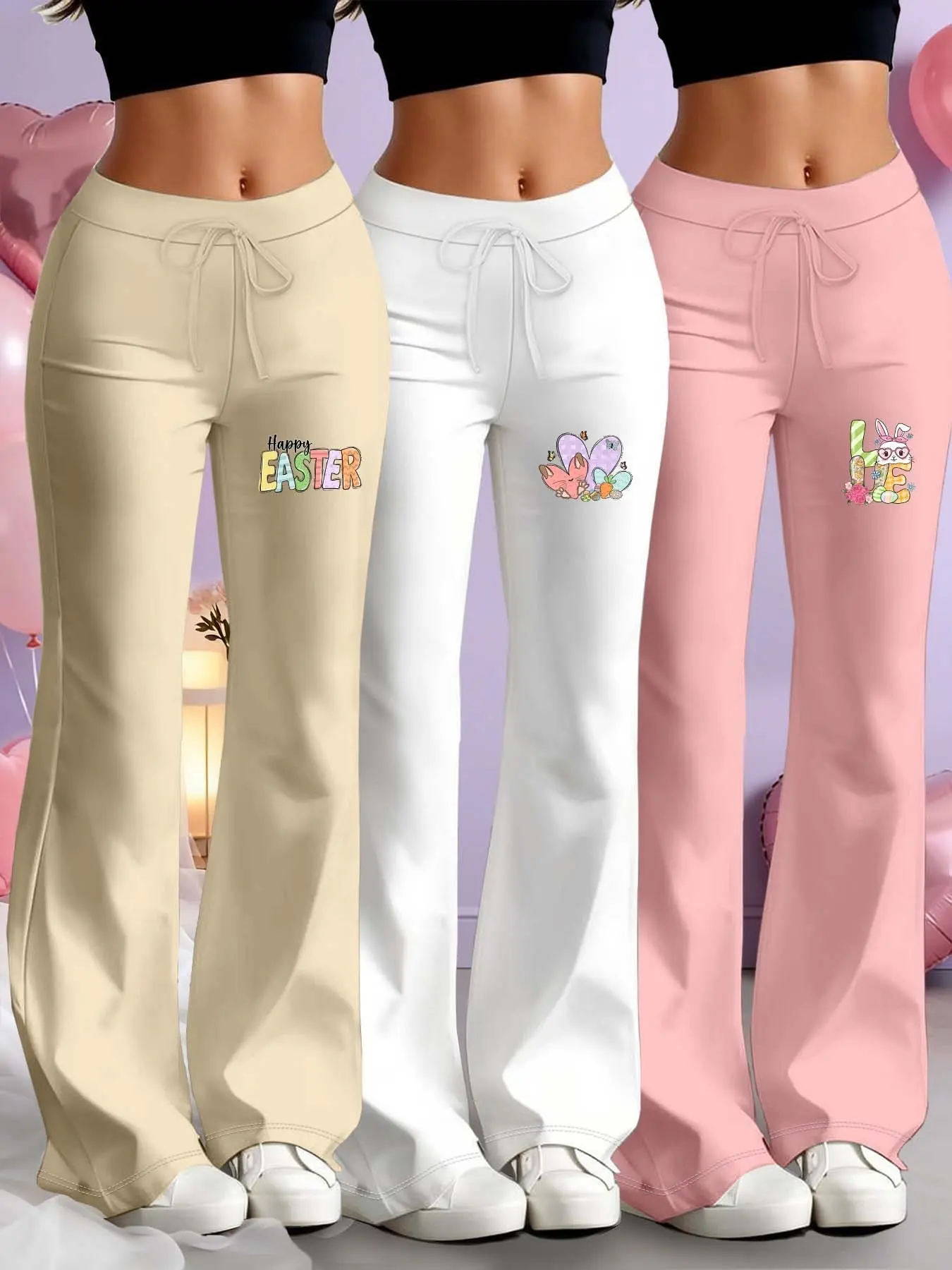 Easter Themed 2026 Spring Summer Women's Casual Fitted Flare Leg Pants, Fun Print Cartoon Design, Long Comfortable Peach Butt Lift Trousers